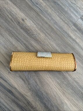 Gold Croc-Embossed Evening Clutch with Crystal Accent